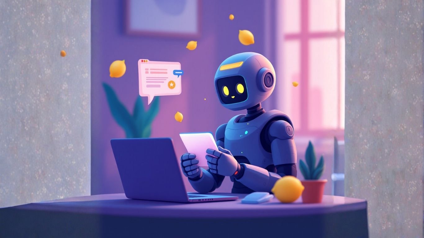 A robot reviews feedback on a tablet at a desk, symbolising how user input fuels feature development at LaunchLemonade