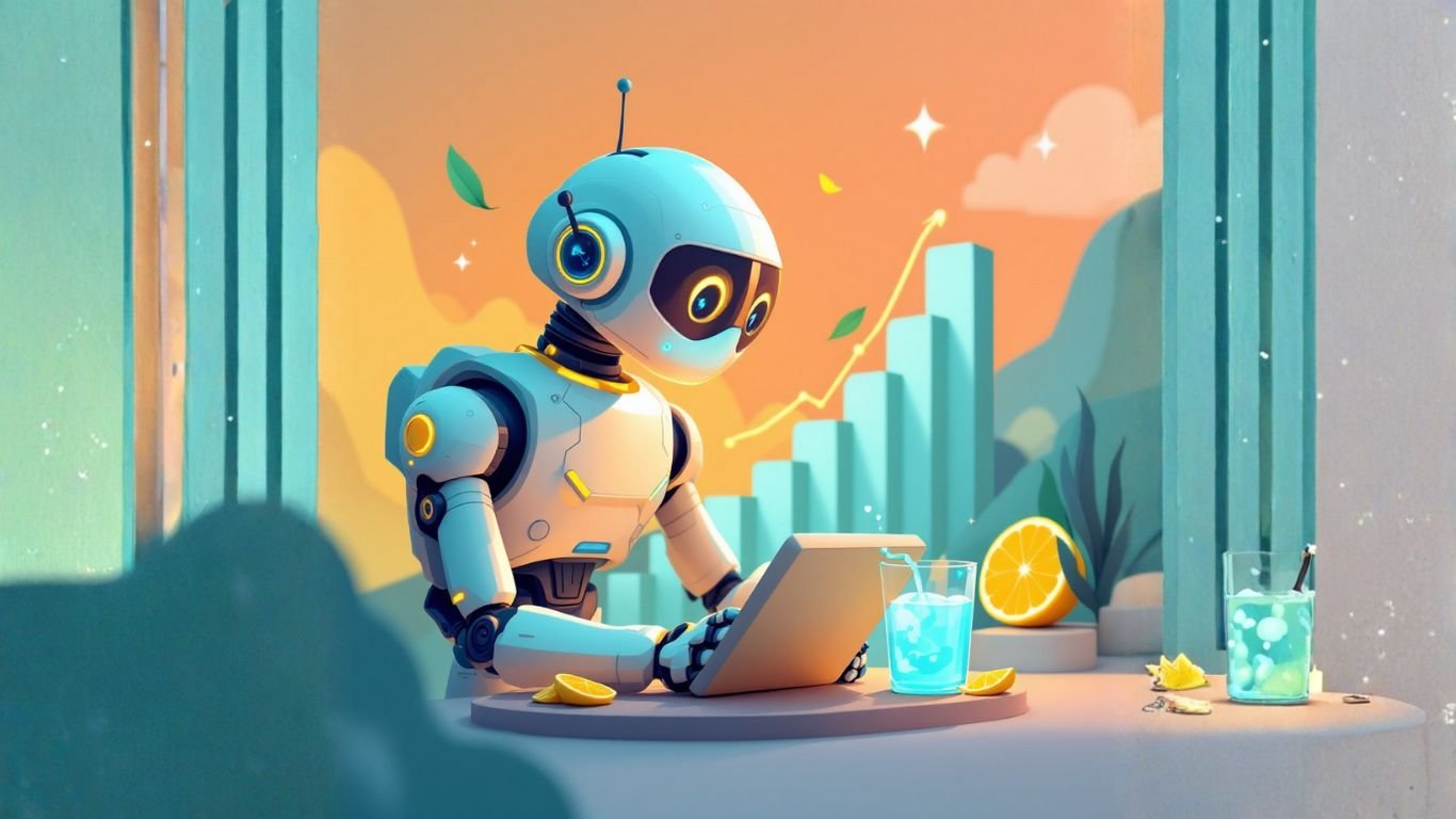 A robot using a laptop with lemonade and growth charts, symbolising how LaunchLemonade empowers teams and agencies to scale efficiently