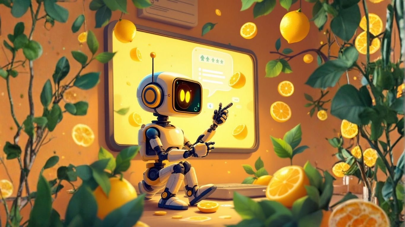 A cheerful robot in a citrus-themed room interacts with a digital board, symbolising an AI to-do list helping manage daily tasks efficiently and smartly