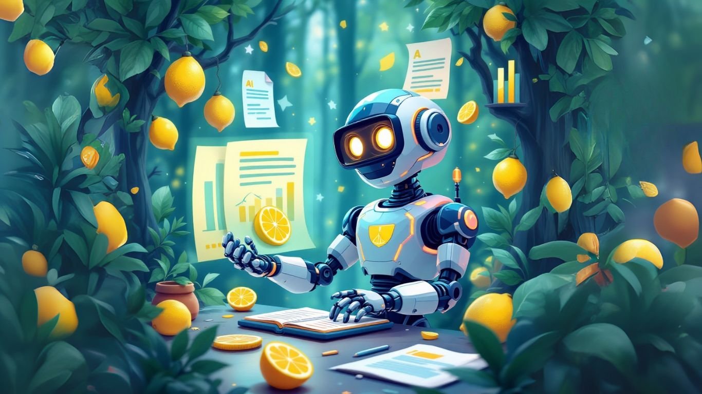 AI assistant summarises documents in a vibrant forest, surrounded by data charts and lemons, symbolising smart and efficient information processing