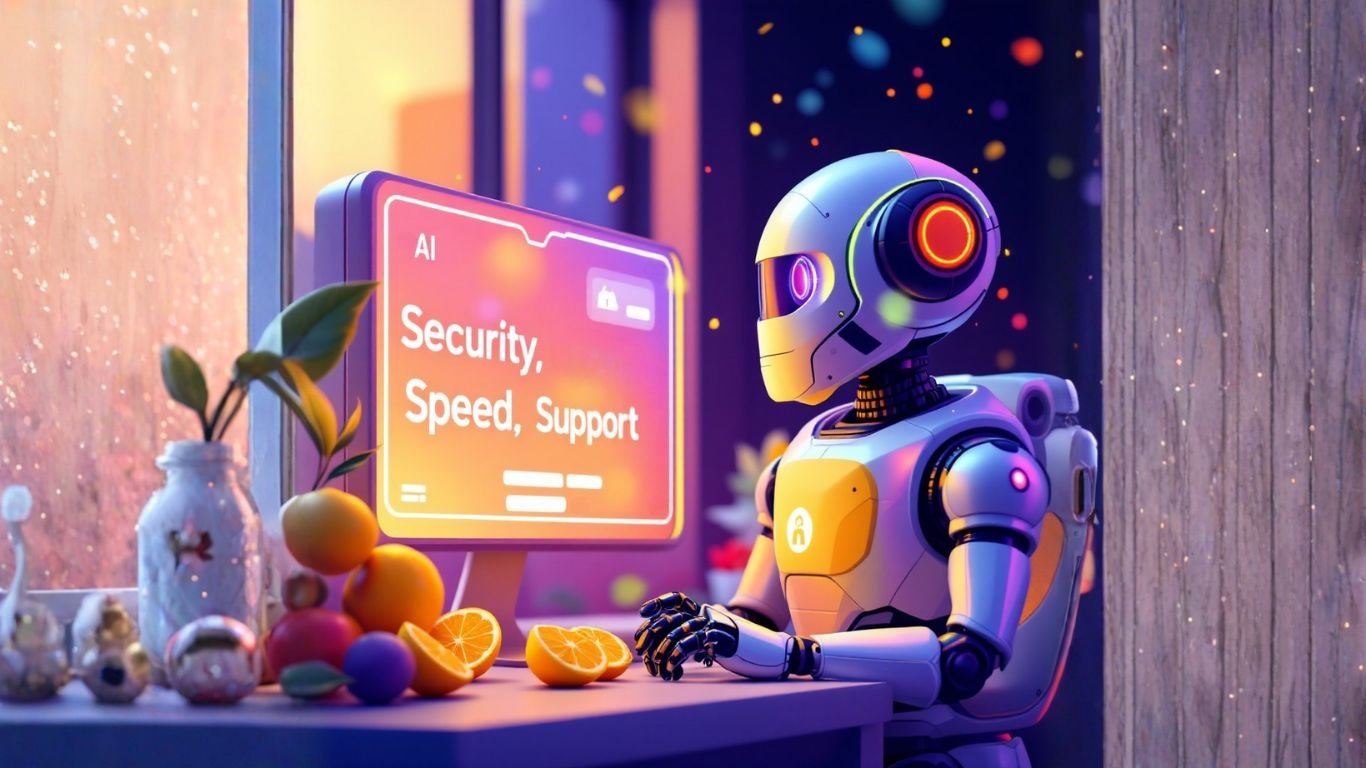 Futuristic robot at a desk with a screen showing a vibrant visual to compare AI platforms for performance and features