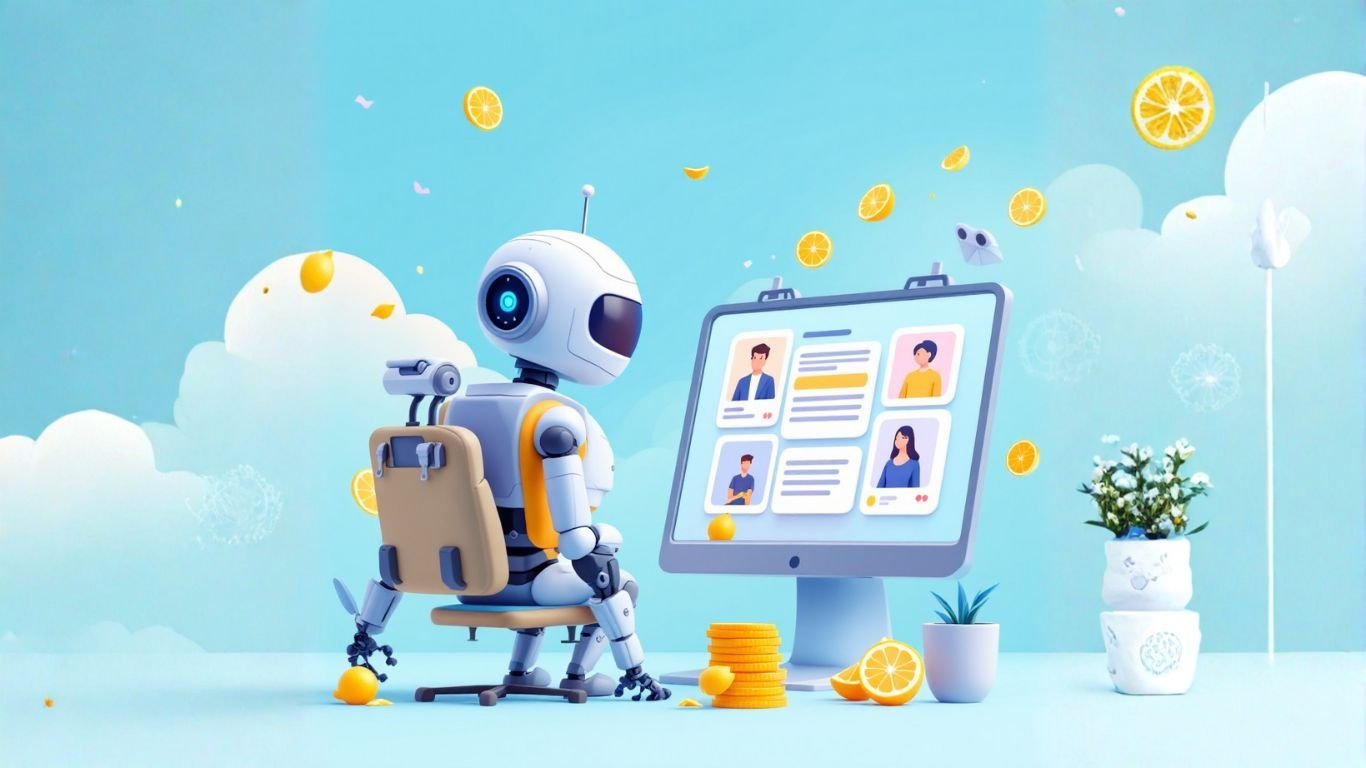 A robot sitting at a desk viewing user profiles on a screen, symbolising how to market AI products in a digital workspace with fresh, creative ideas