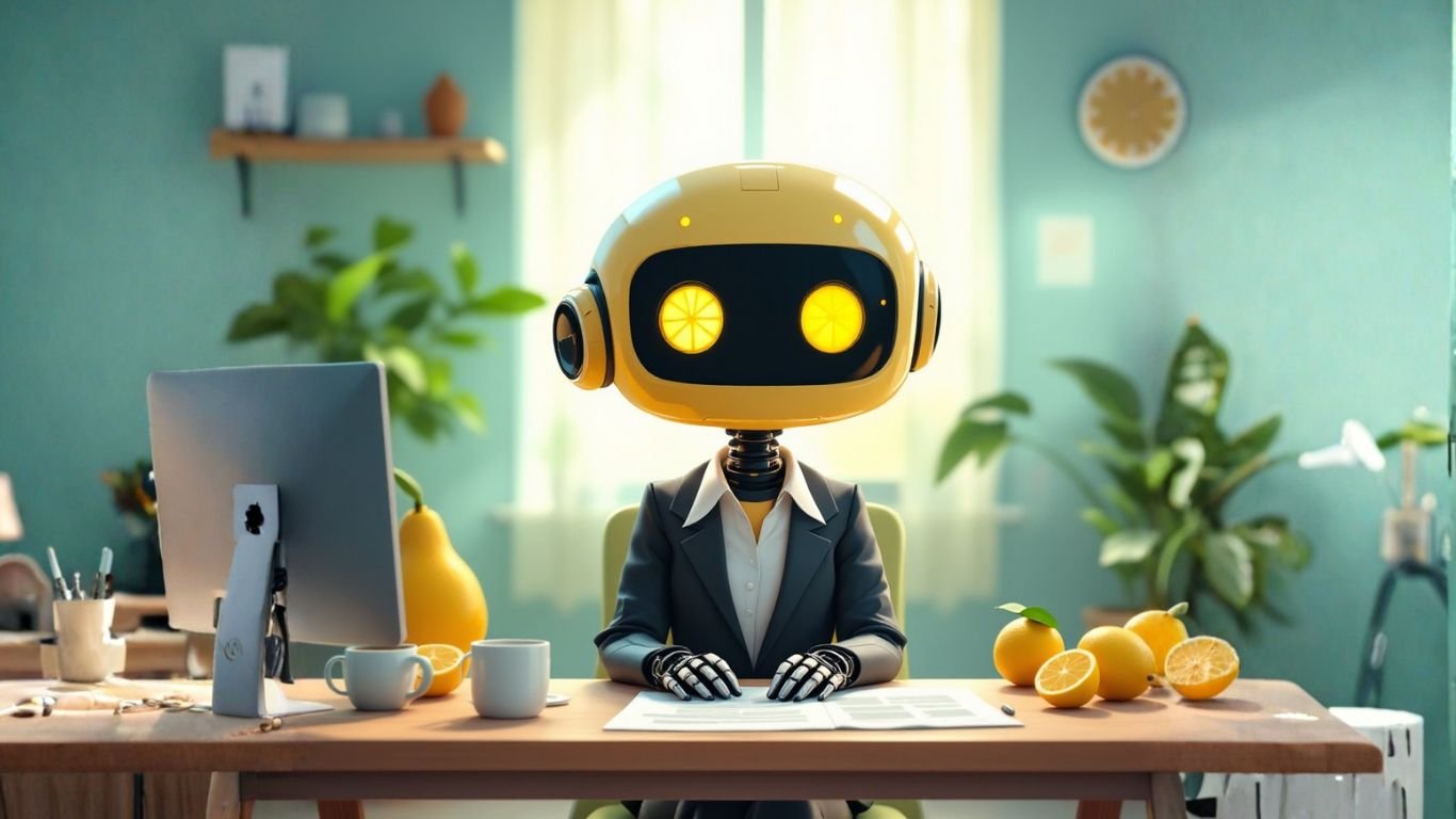 Robot in a suit sitting at a desk with lemons and a computer, symbolising creativity and productivity for an AI side project in a home office