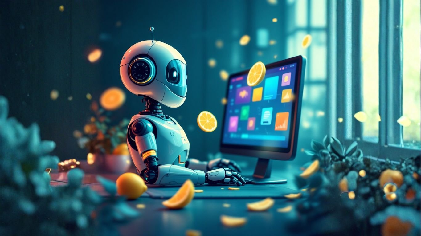 A friendly robot sits at a computer with floating icons and orange slices, symbolising how AI understands human language through NLP technology