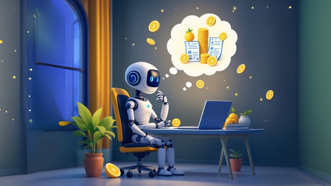 Optimistic robot thinking about making money using AI