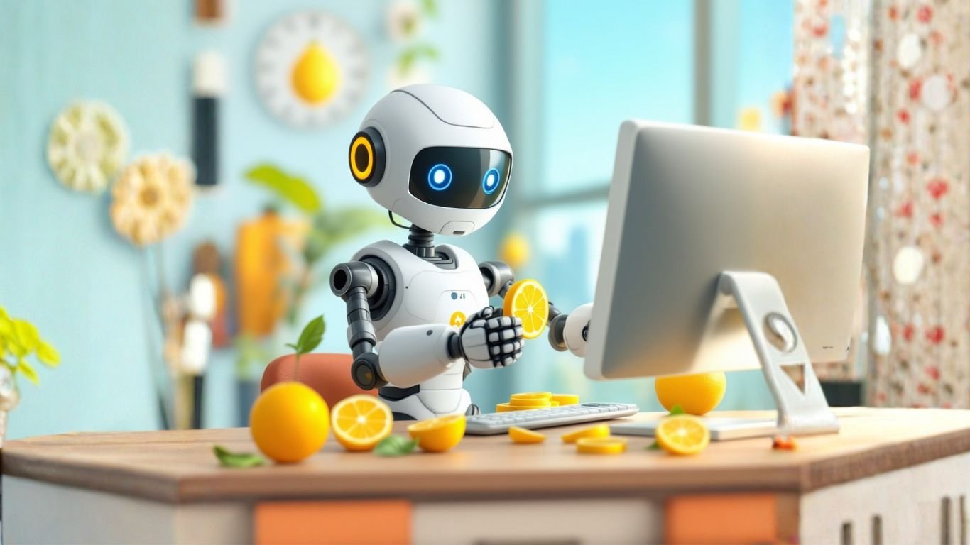 AI assistant at computer slicing lemons symbolising payments, creatively showing how to accept payments using Stripe integration in a smart setup