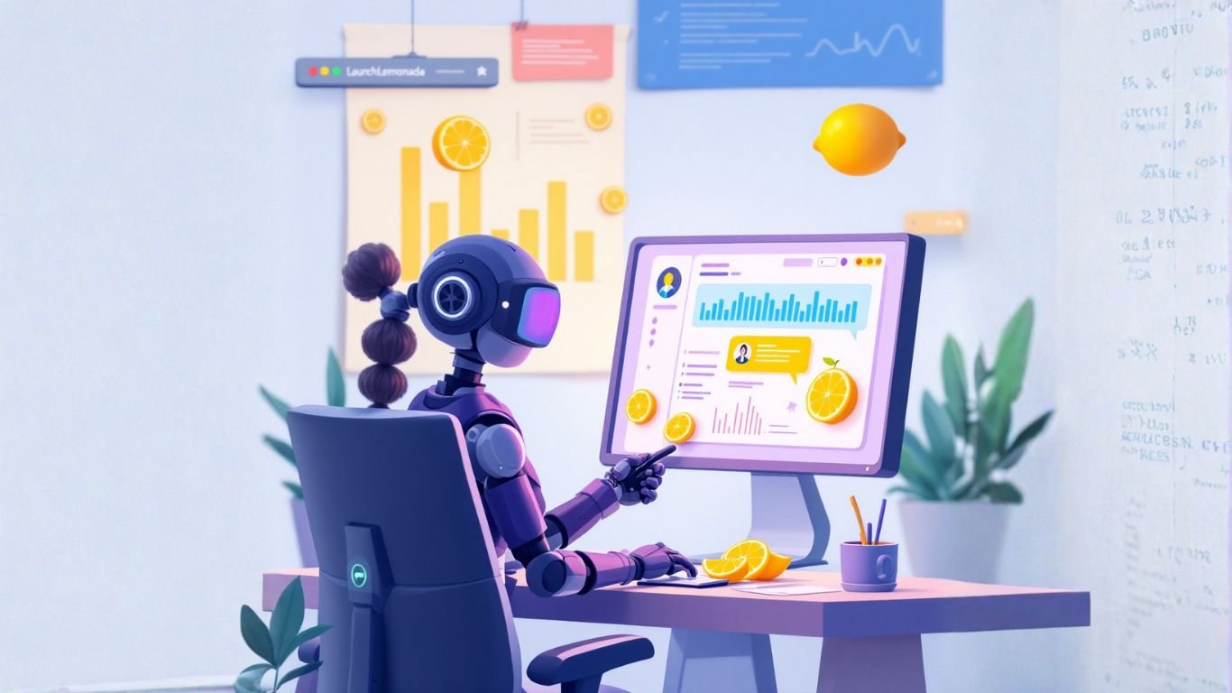 A robot assistant analyses data on a computer screen in a modern workspace, showing how users can get support and troubleshoot AI issues efficiently