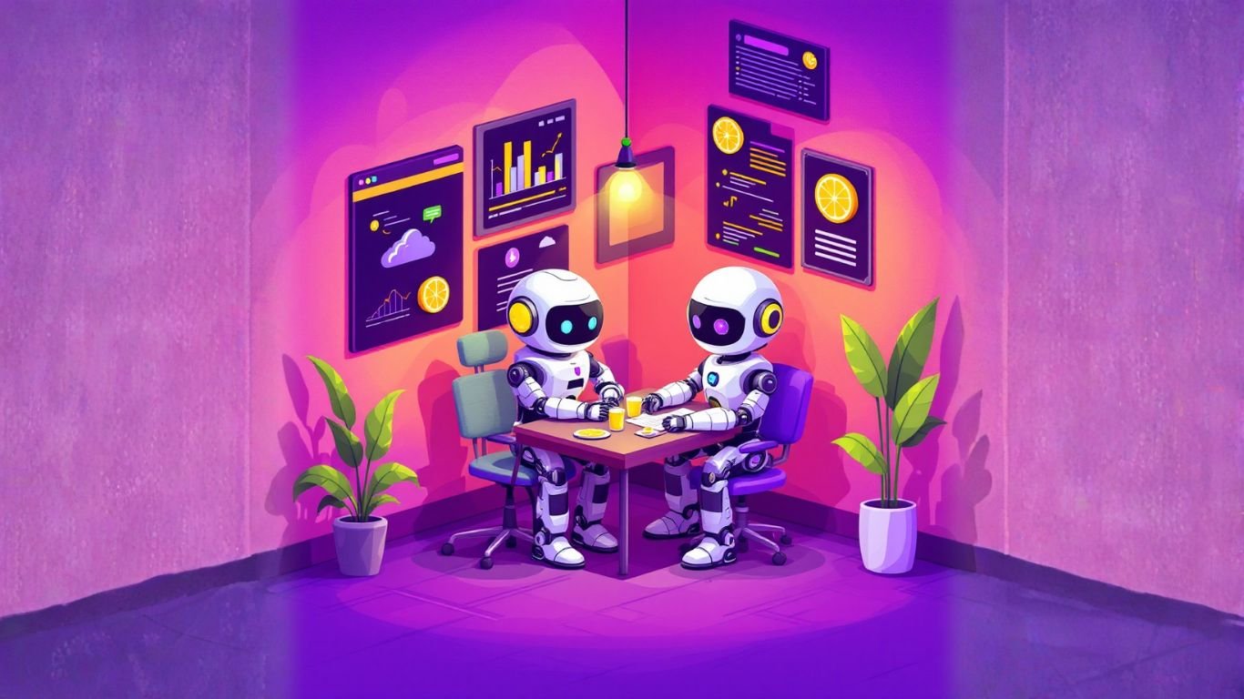 Two friendly robots collaborate at a desk in a colourful office, symbolising how teams can roll out AI assistants company-wide efficiently and smoothly