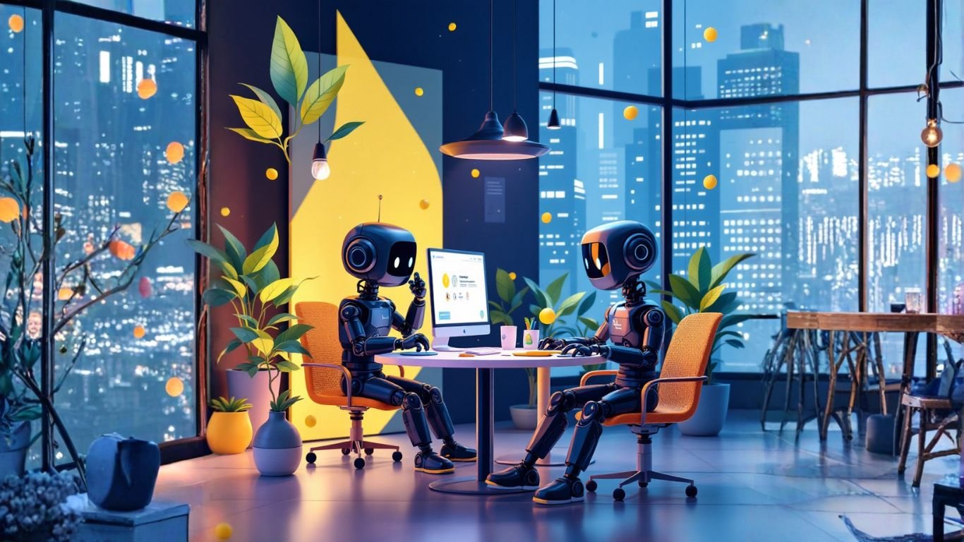 Robotic assistants collaborating on digital artwork in a modern office, symbolising how image generation AI transforms and streamlines creative workflows