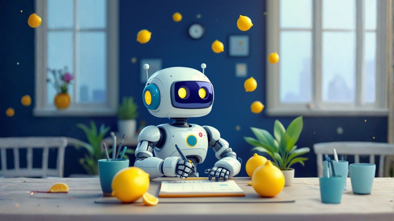 Robot at desk with flying lemons, symbolising creativity and innovation featured in weekly LaunchLemonade updates
