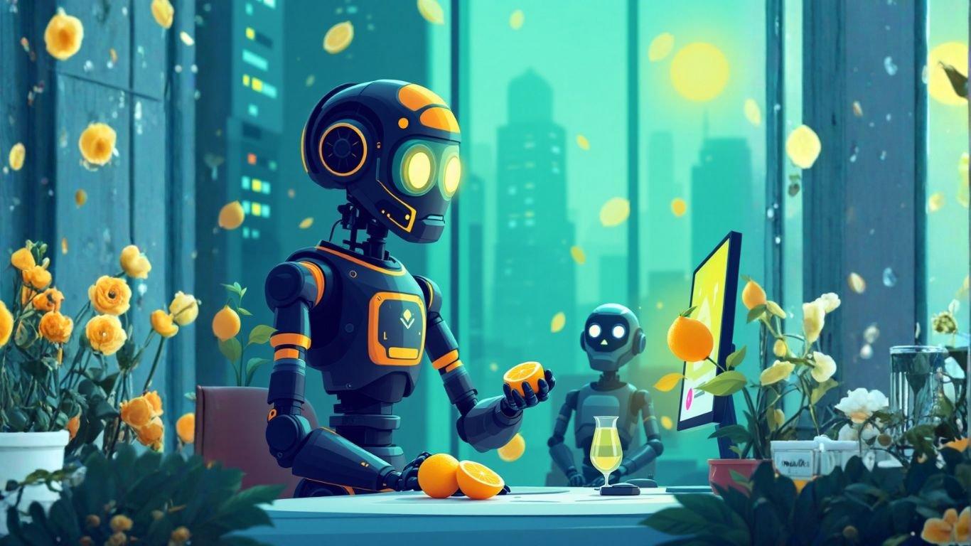 Futuristic AI agents at a desk squeezing lemons into lemonade, symbolising LaunchLemonade's smart automation for business cost savings