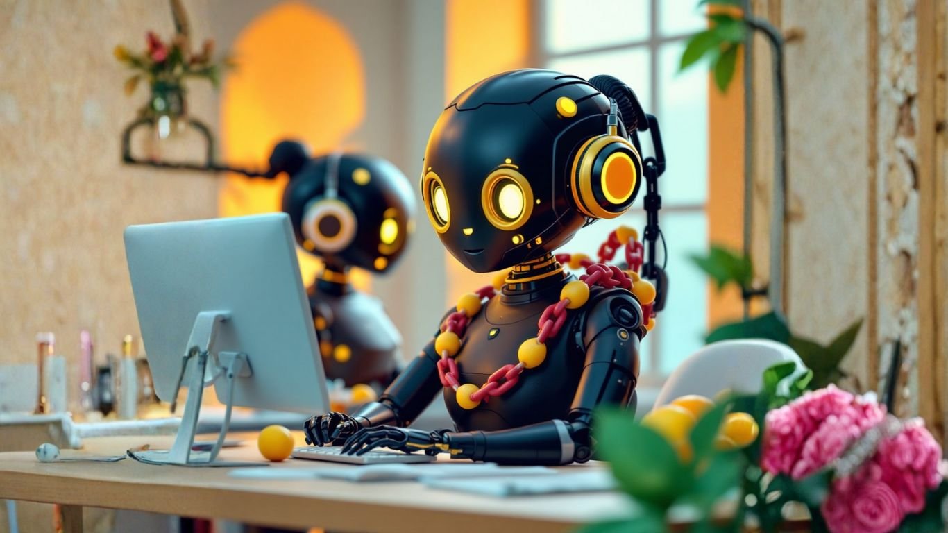 A friendly robot at a computer symbolises LaunchLemonade security, showing advanced digital protection and data safety for modern businesses