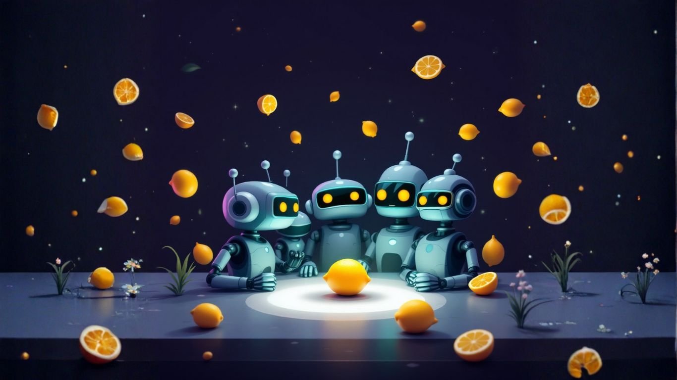 Four AI assistant robots gather around a glowing lemon, symbolising collaboration in multi-agent workflows for 2025 innovations and efficiency