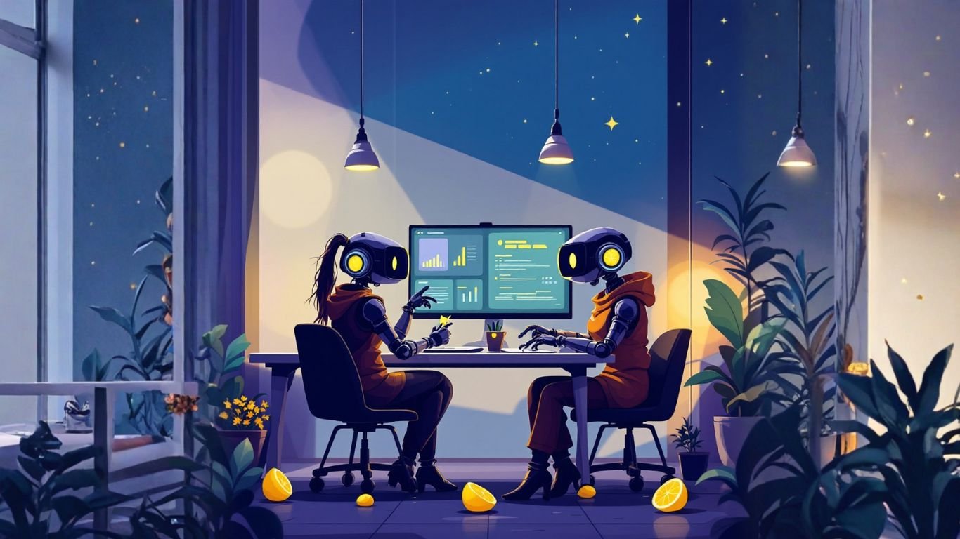 Two futuristic workers with VR headsets analyse data on a computer, troubleshooting integration issues in a modern tech workspace