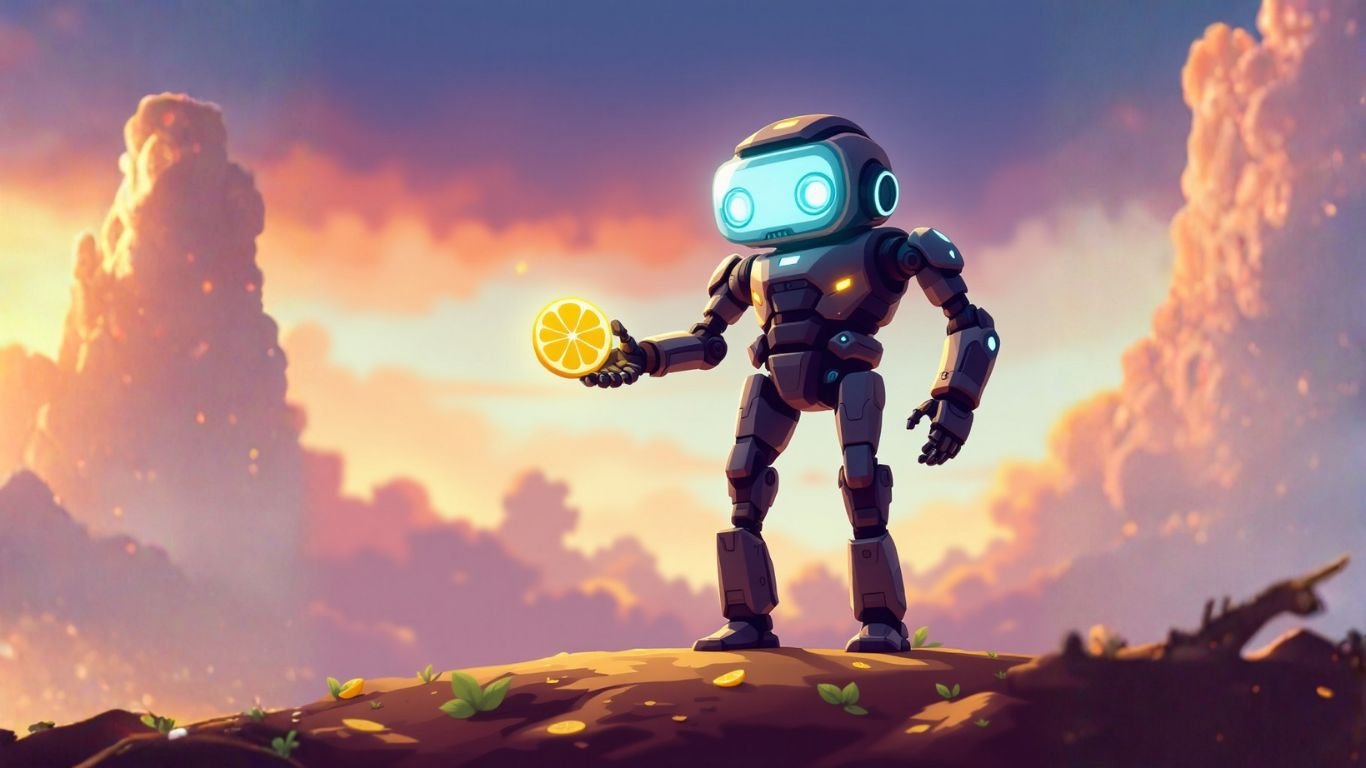 Futuristic robot holding a glowing lemon slice at sunset, symbolising AI mastery and LaunchLemonade customization with power user tips