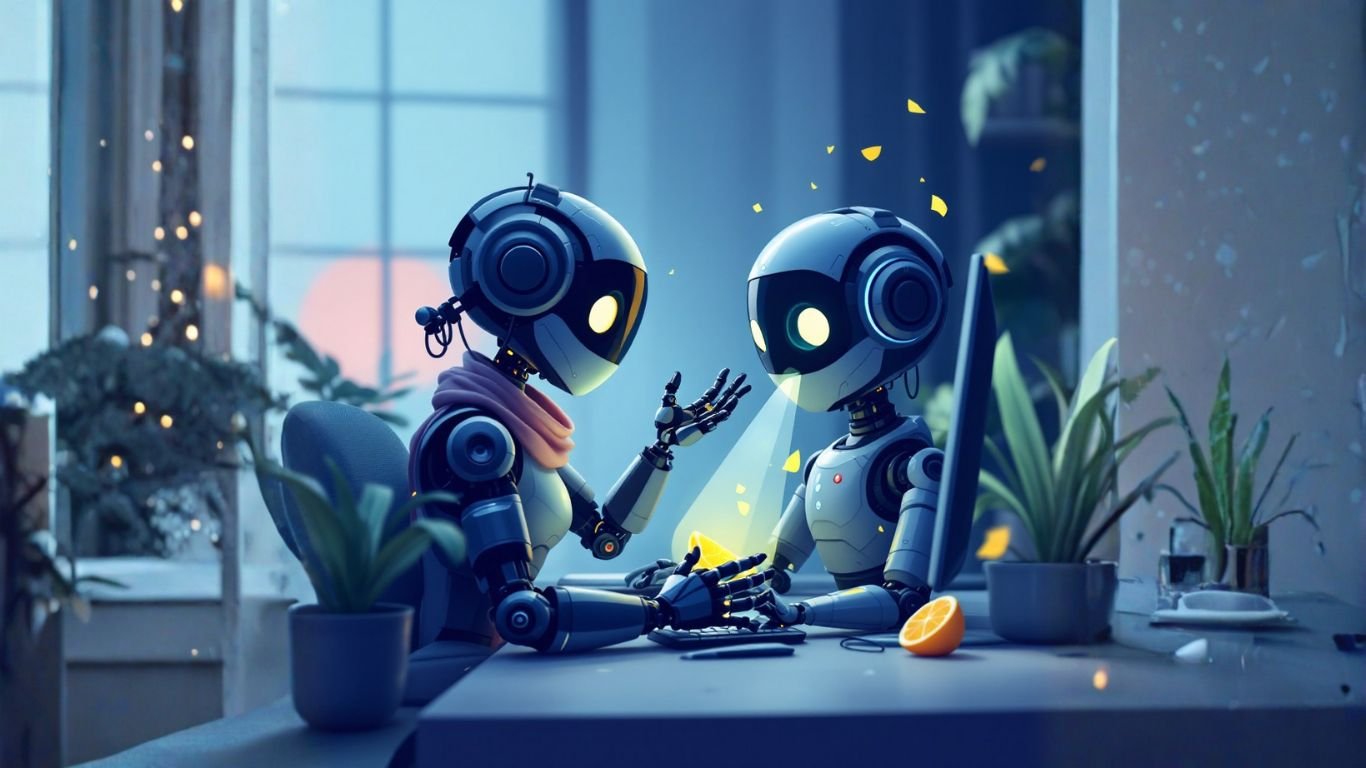 A friendly robot teaches another robot on a computer screen how to set up their first AI assistant