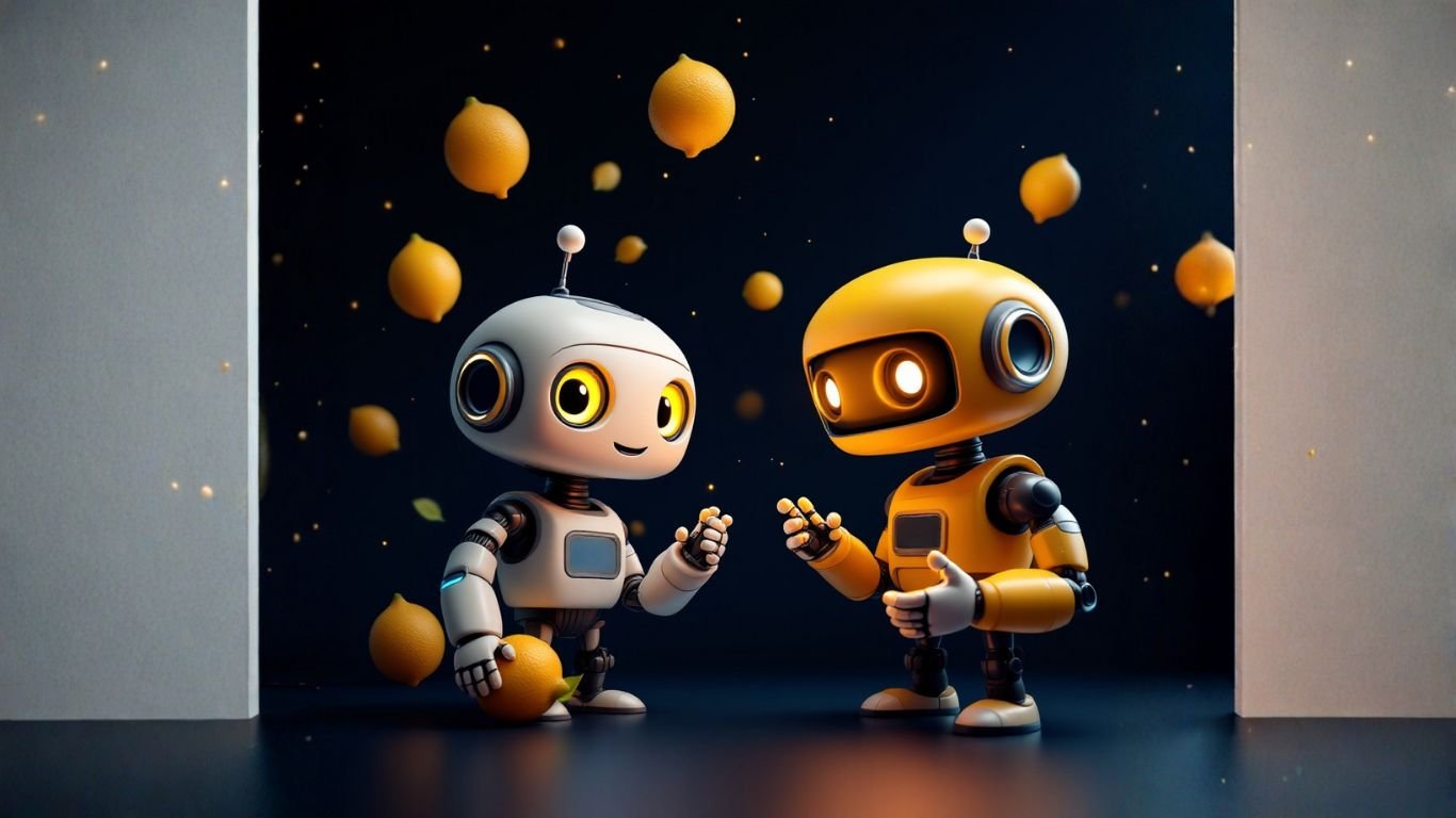 Two cute robots, one large and one small, stand among floating lemons, representing the business choice between LLMs and small language models (SLMs)
