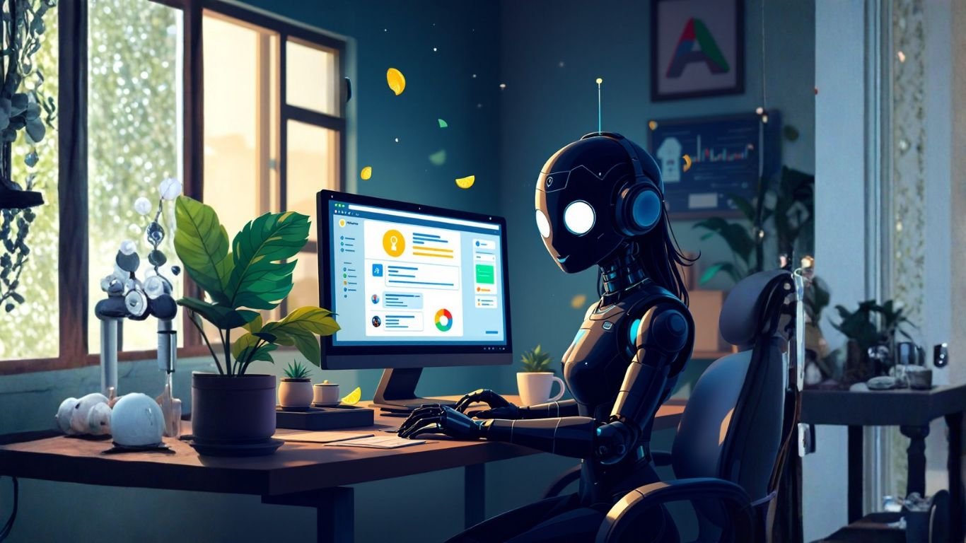 A robot works at a computer analysing data, representing LaunchLemonade’s AI workflows for smarter, dynamic business automation