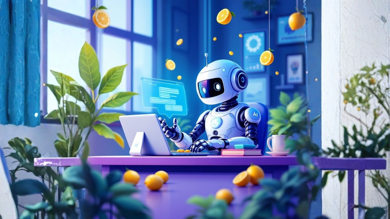 AI robot at desk with lemons, representing creativity while showcasing LaunchLemonade unique features from user stories