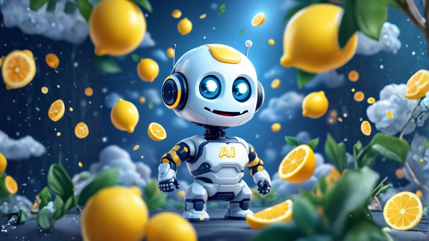 A cheerful AI robot stands among flying lemons, representing how AI platforms by industry use smart agents to automate across sectors