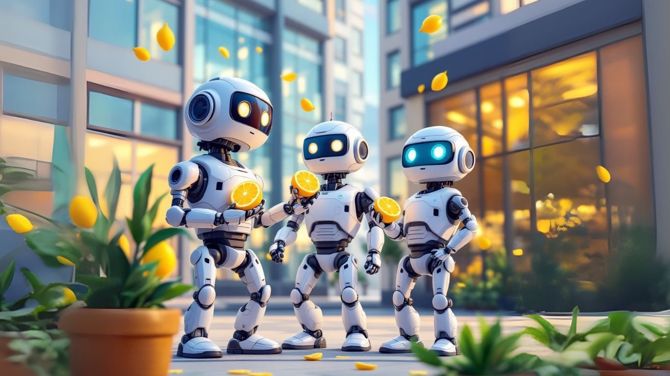 Three friendly robots holding sliced oranges among falling petals, symbolising the collaboration and adaptability of a multi-model AI agent in modern contexts