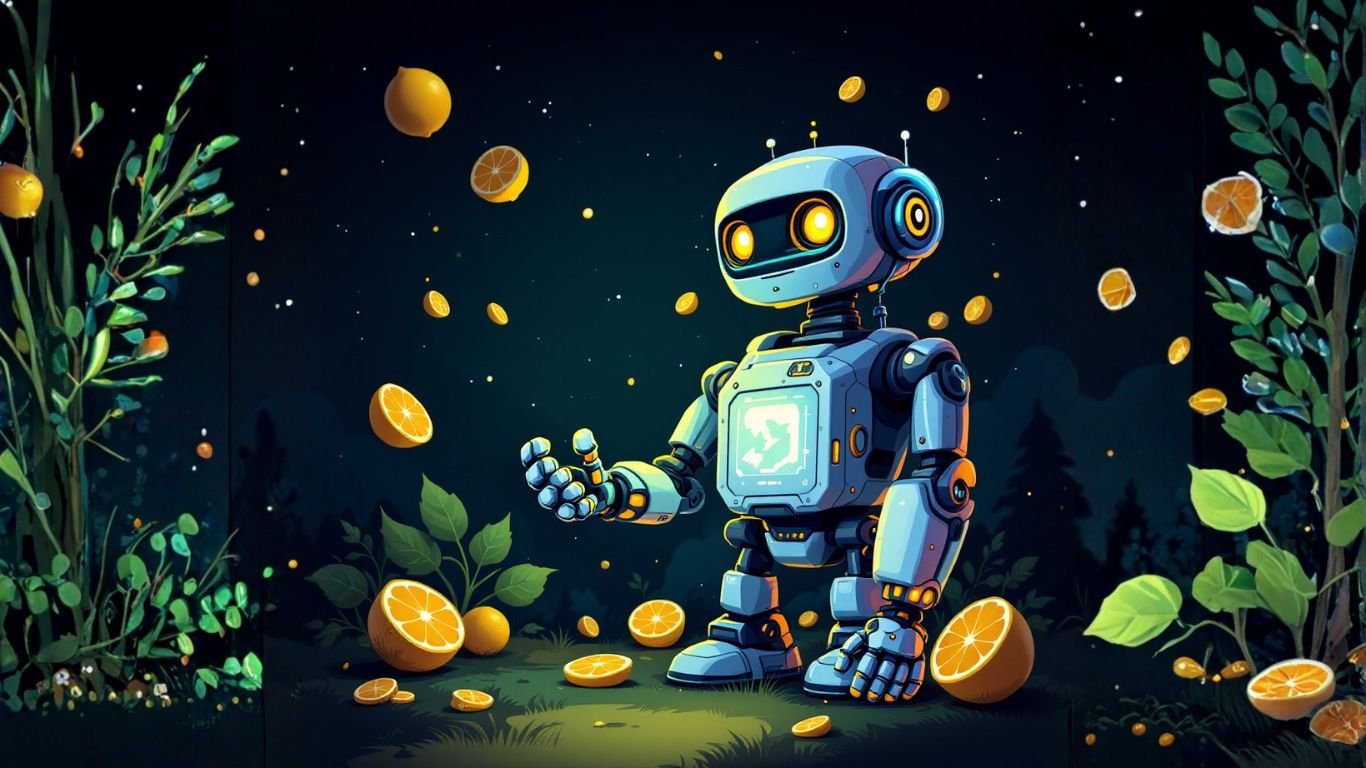 A robot with lemons floating around it represents LaunchLemonade, the best no-code AI solution 2025 for creators and businesses