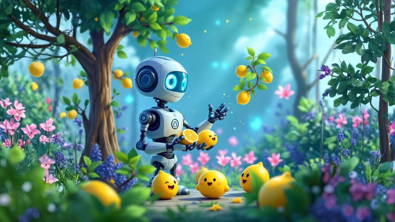 Cute robot in a lemon grove teaching smiling lemons, symbolising a fun beginner's guide to AI terms with LaunchLemonade