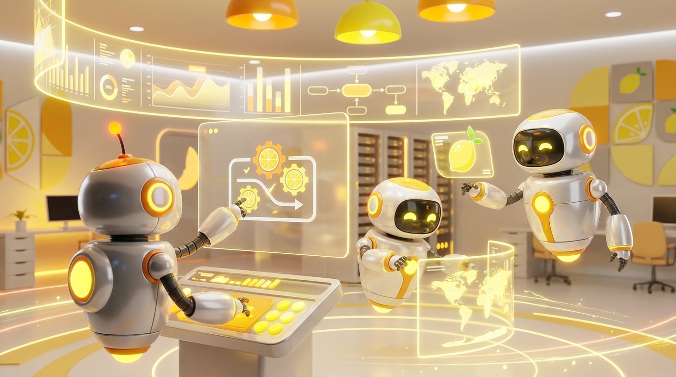 Team of friendly AI robots collaborating in a bright, modern tech space with citrus accents, visualising the LaunchLemonade Product Vision roadmap and strategy.