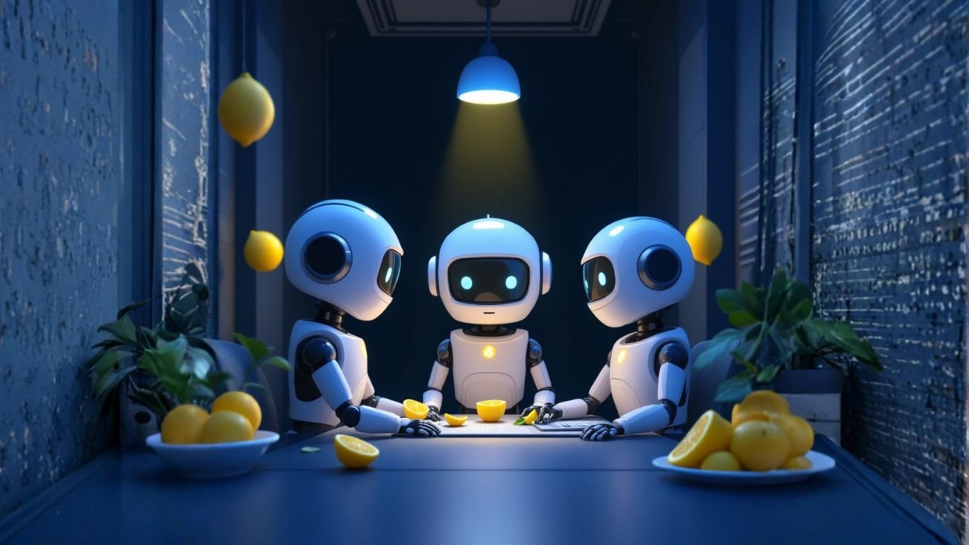 Three AI assistants cutting lemons at a table, symbolising teamwork and passive income creation through automation