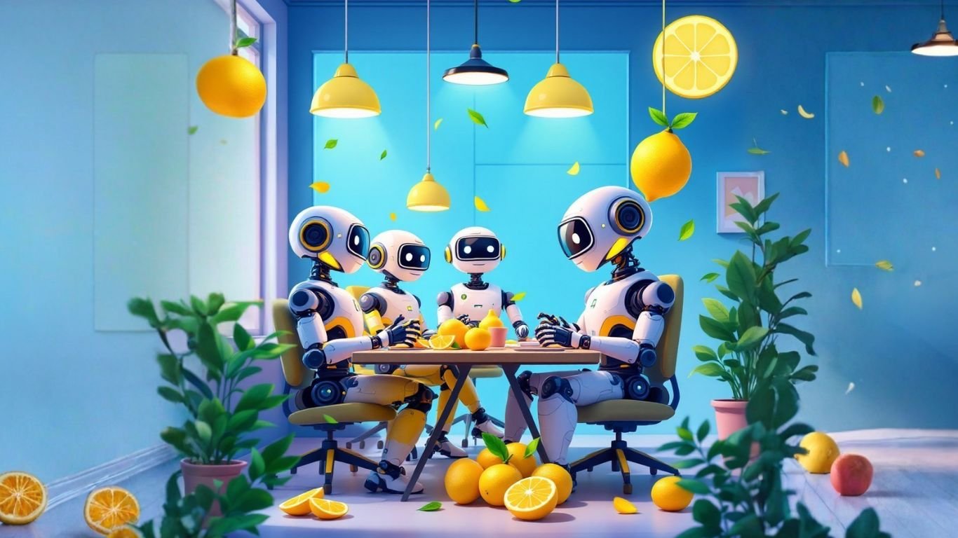 Team of AI robot artists in a design and marketing meeting room embedding AI agents in digital portfolios to enhance creativity and interactive showcases