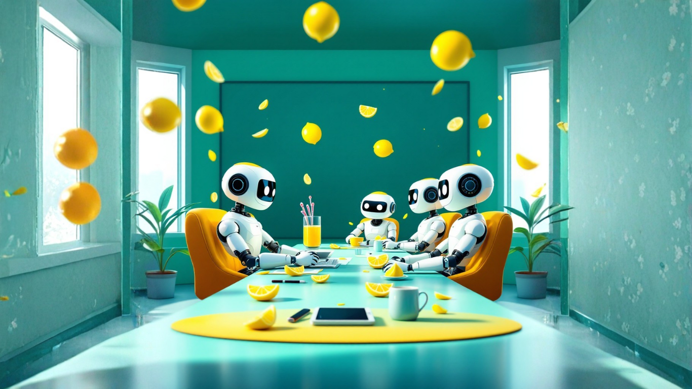 Team of AI robots in a meeting room collaborating on how consultants build entire client portals with embedded AI assistants to enhance automation and service
