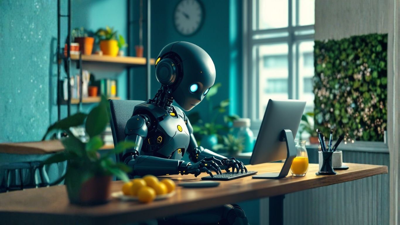 Female dark AI robot working in a small office as one of the digital product sellers, checking emails and integrating AI features into her online offerings