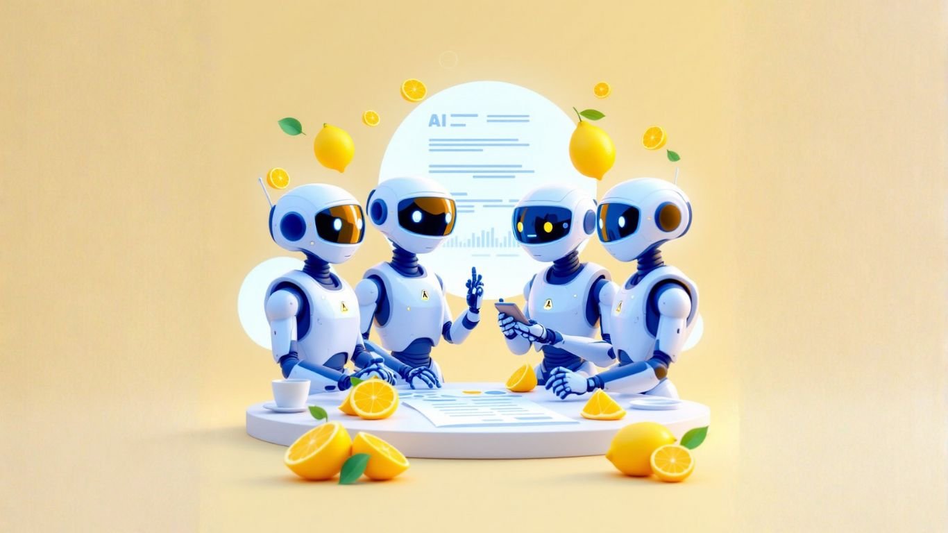 Group of adult AI robots collaborating and showing how AI assistants help teams conduct retrospectives and generate insightful reports