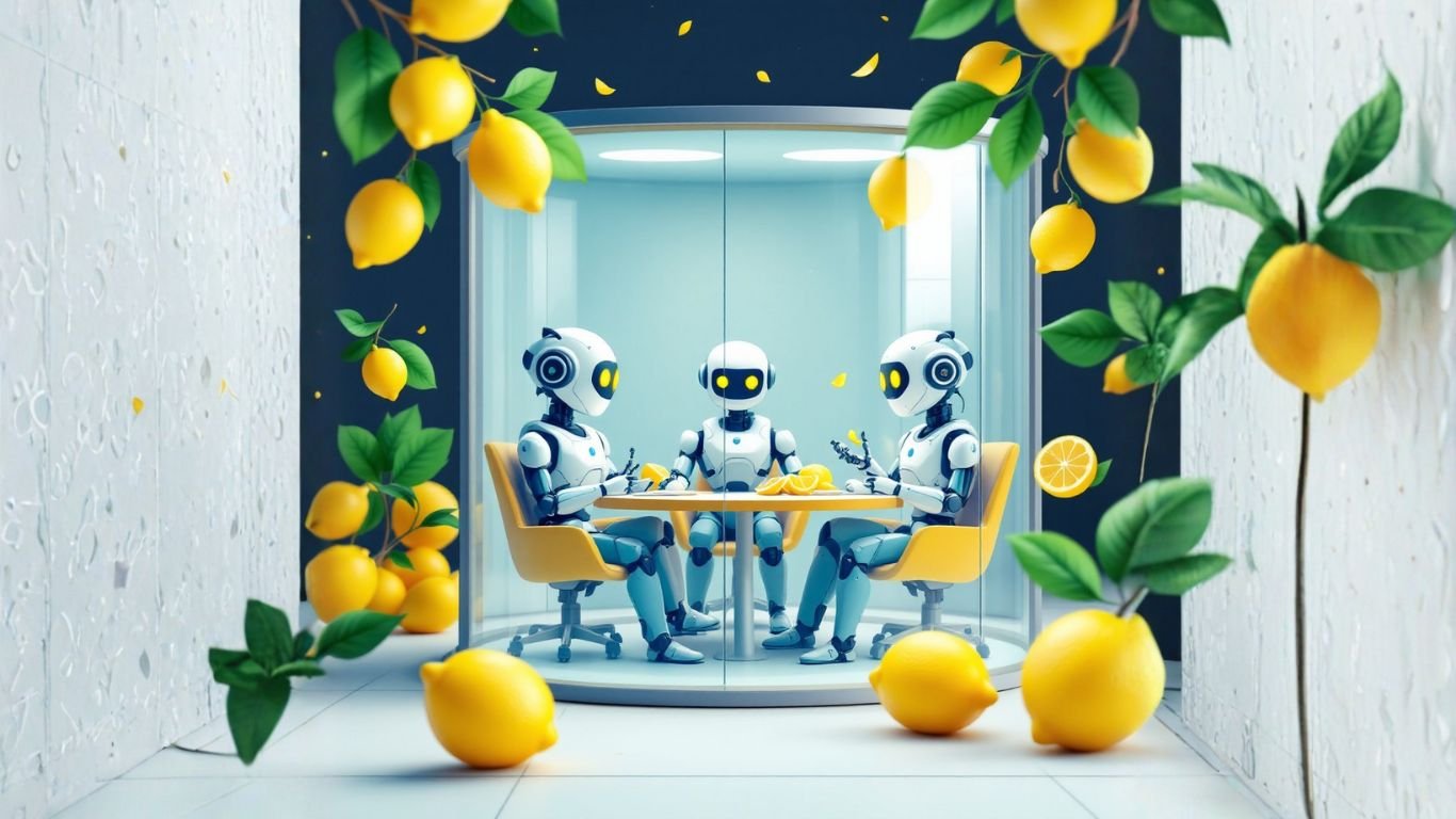 Group of business AI robots in a private conference room conducting team training, demonstrating how companies leverage internal AI coaches for bot-first time training