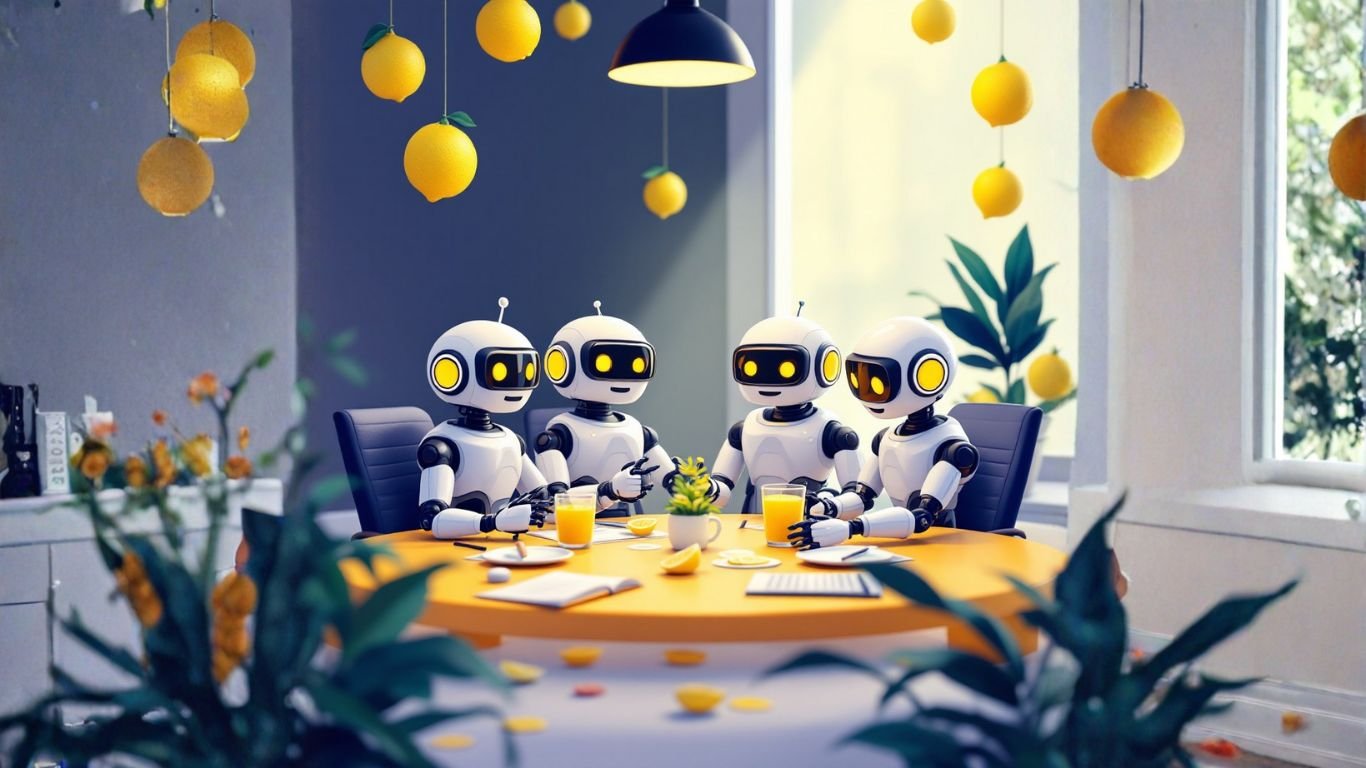 eam of AI robots in a meeting room discussing how consultants can offer clients a Done-With-You AI that walks them through strategy and guided execution