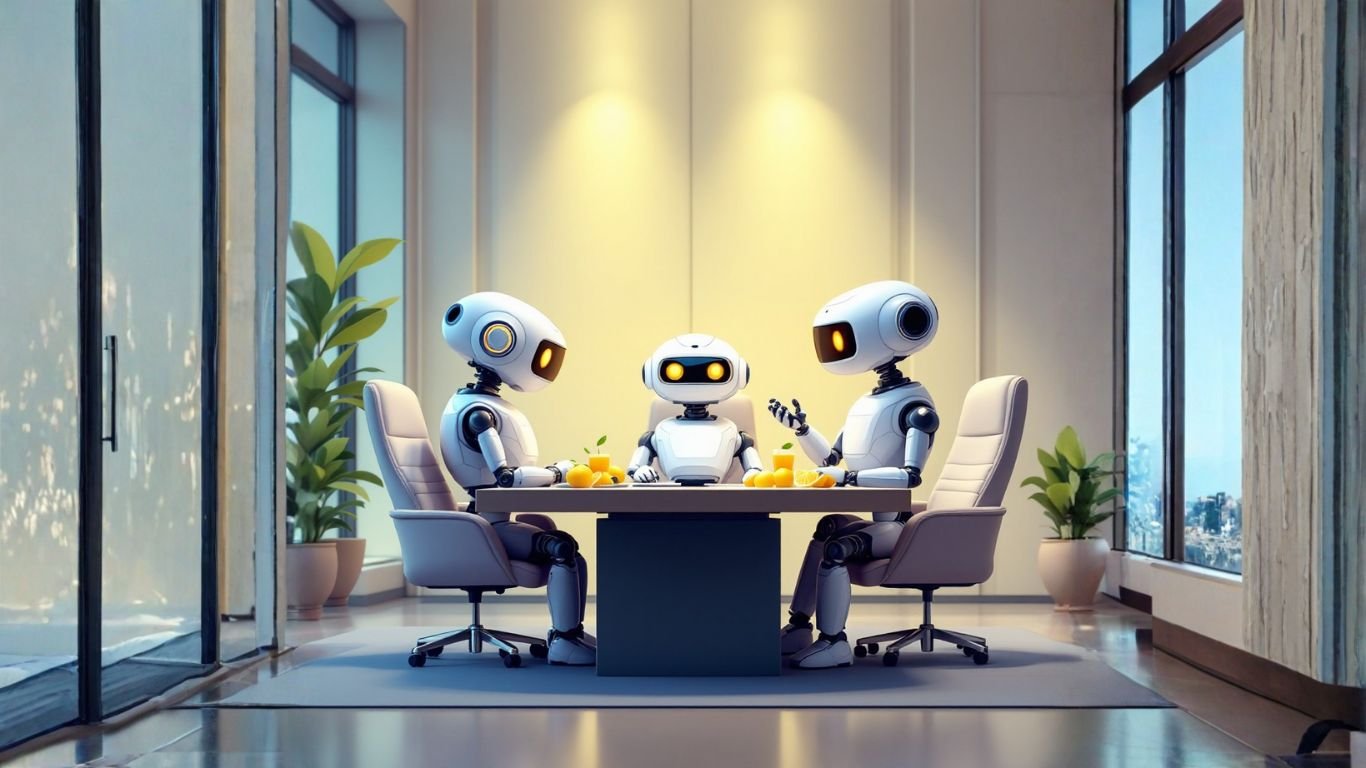 Group of AI robots in a professional boardroom acting as niche research assistants, developing industry-specific use cases to enhance targeted insights