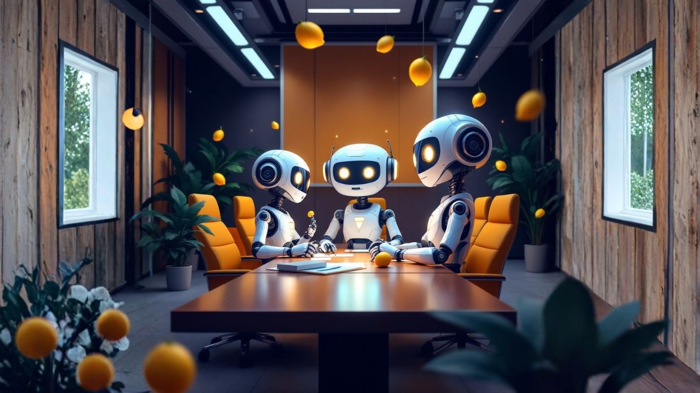 Team of AI robots in a professional boardroom collaborating to build a departmental AI hub, creating specific use cases to optimise business operations