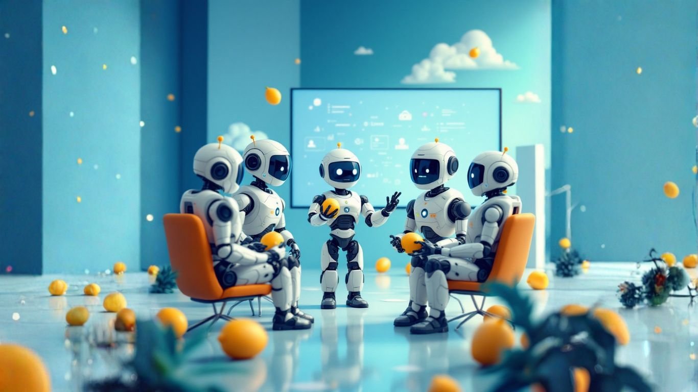 Group of AI robots collaborating in front of a large screen, illustrating how to build a secure intake assistant for clients using no-code technology
