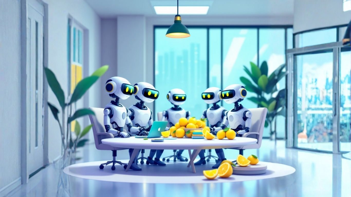 Group of AI robots in a professional boardroom collaborating to plan an AI workshop for clients and automate follow-up communication using a smart bot