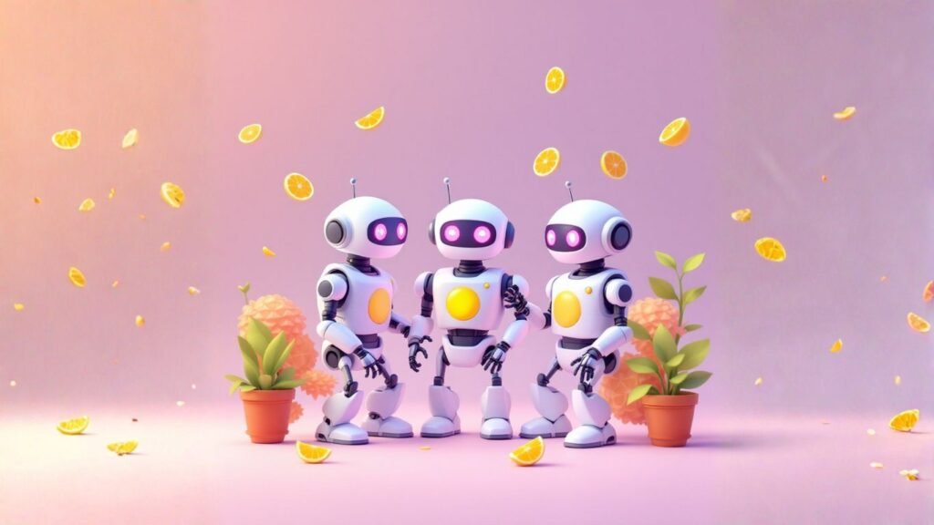 Team of AI robots collaborating in a meeting room, creating solutions to revolutionize the client intake process using a conversational AI intake assistant