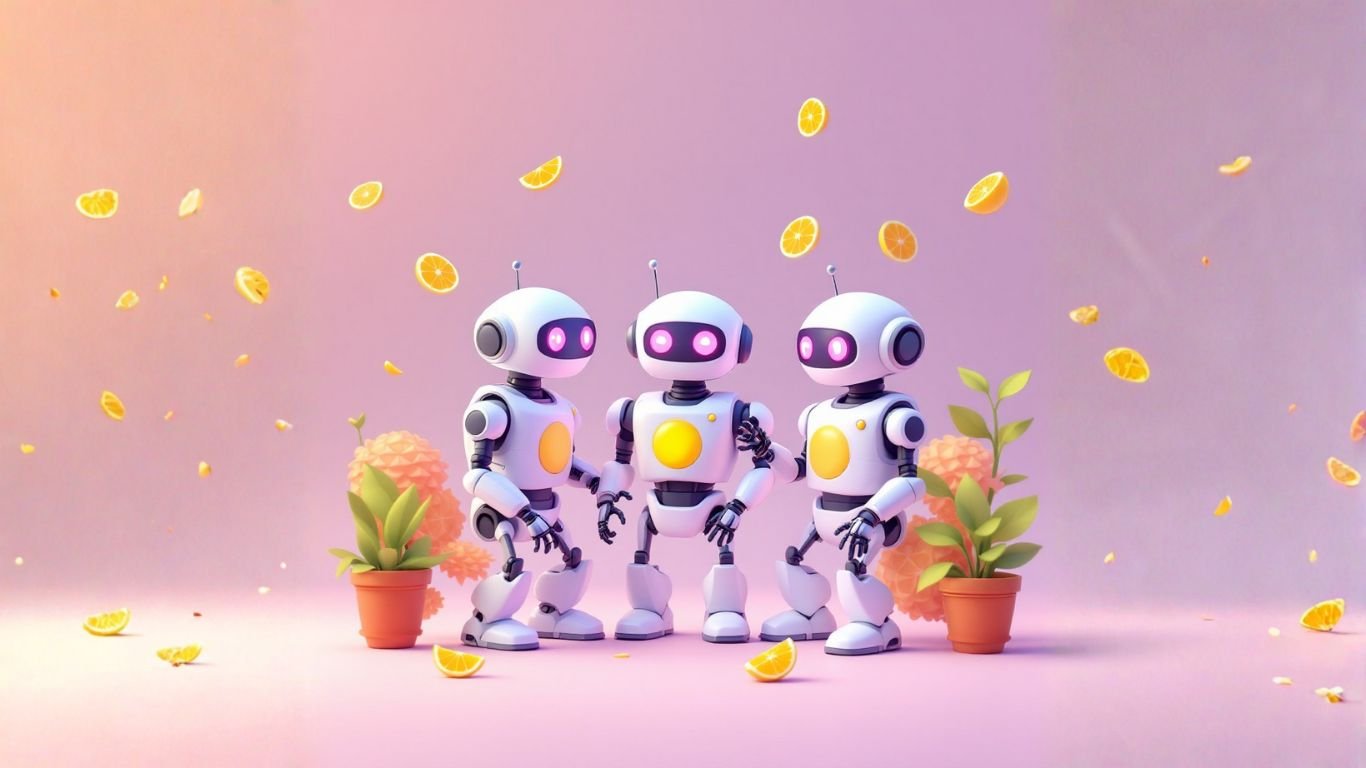 Team of AI robots collaborating in a meeting room, creating solutions to revolutionize the client intake process using a conversational AI intake assistant