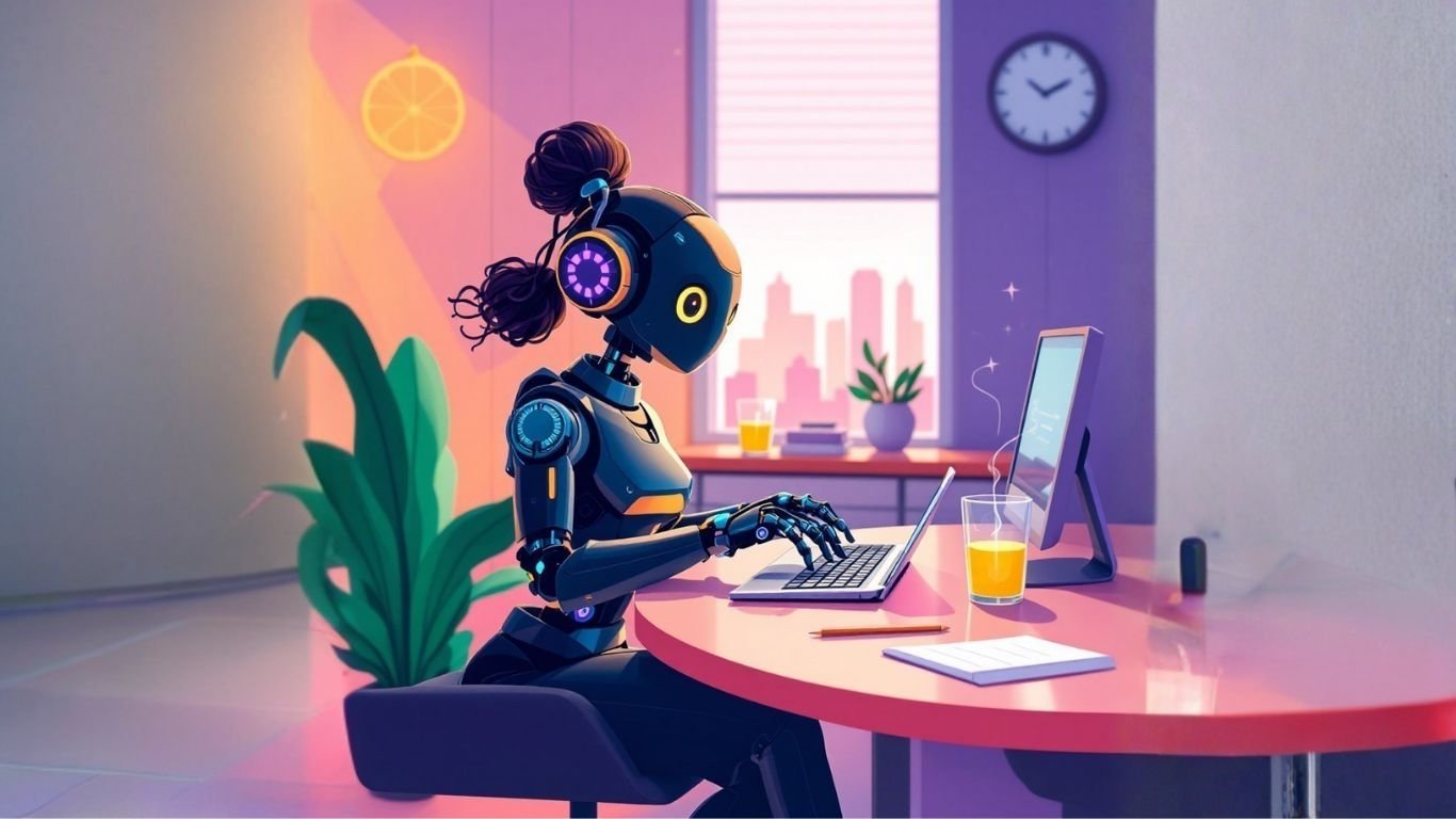 Female AI robot working in a small office, transforming and scaling team playbooks into intelligent, always-on AI mentors for continuous guidance