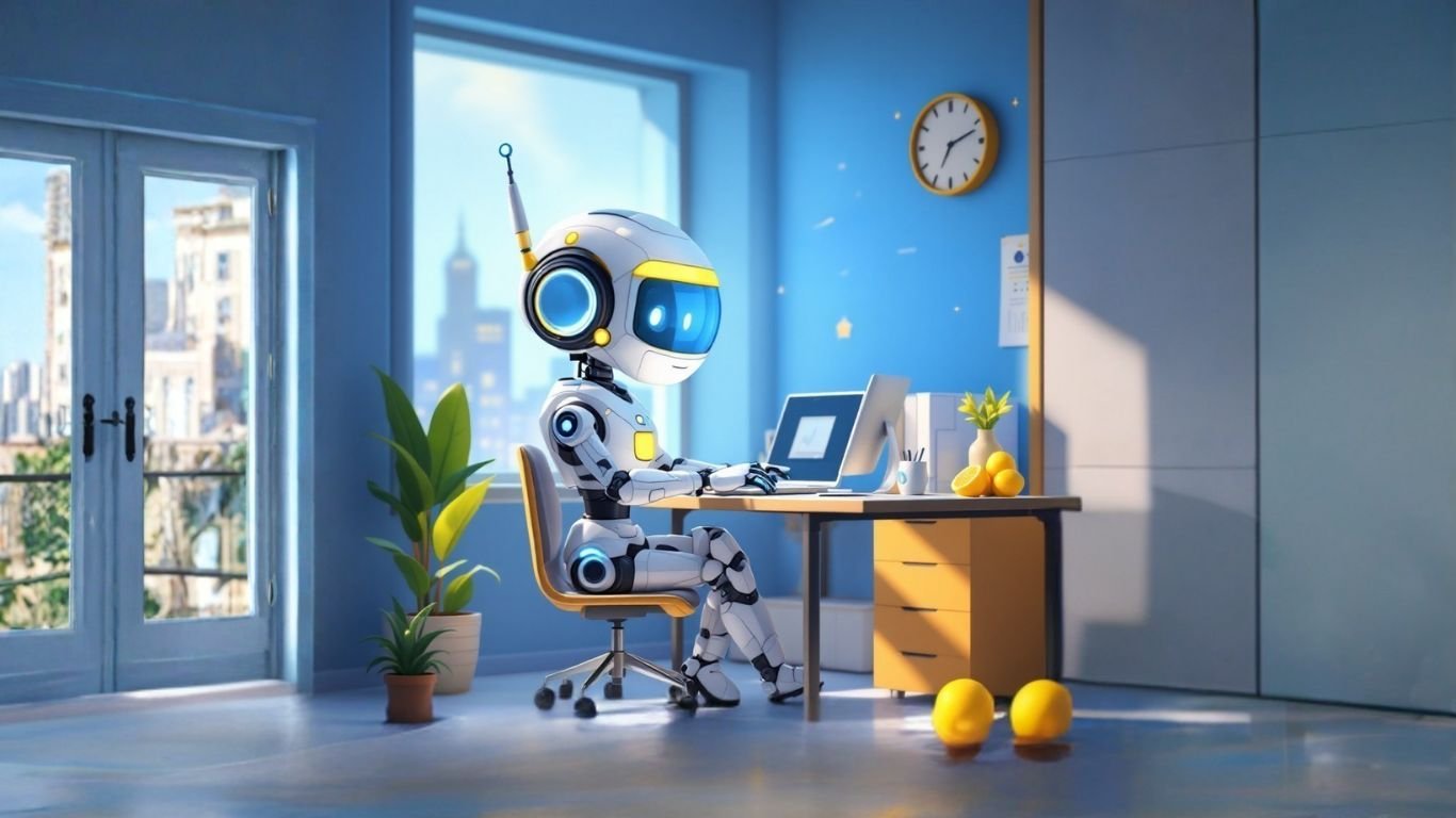 Female AI robot working in a small office, strategising how to sell AI agents as add-on products to enhance and expand her existing services