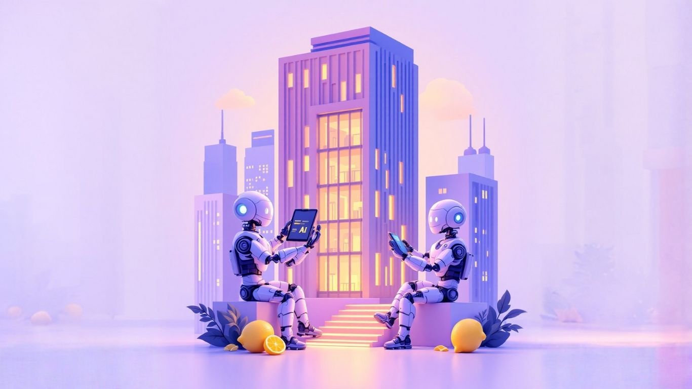 Team of AI robots in a high-rise building discussing how real estate agents can use an AI assistant to auto-draft listings and capture more qualified leads