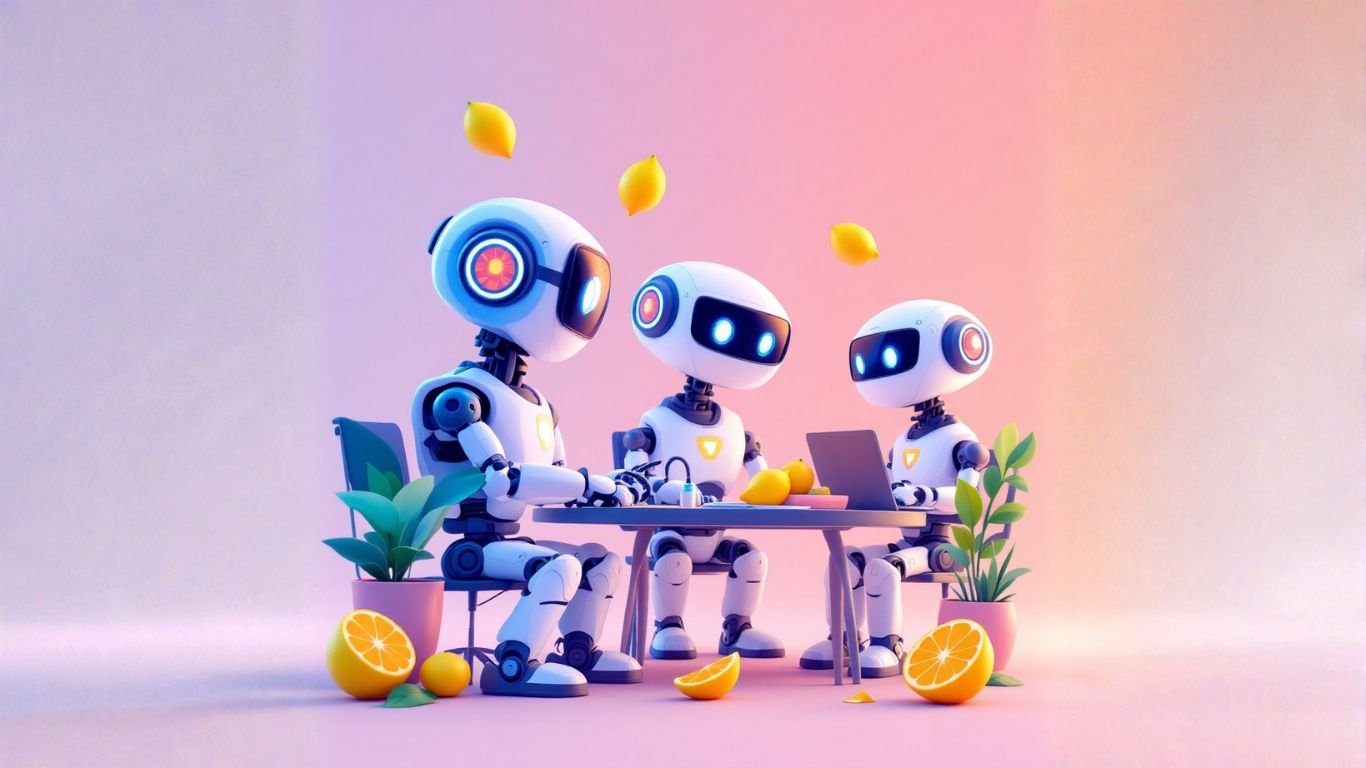Team of AI robots working as consultants inside a business building, automating research, proposals, and strategic planning for improved efficiency