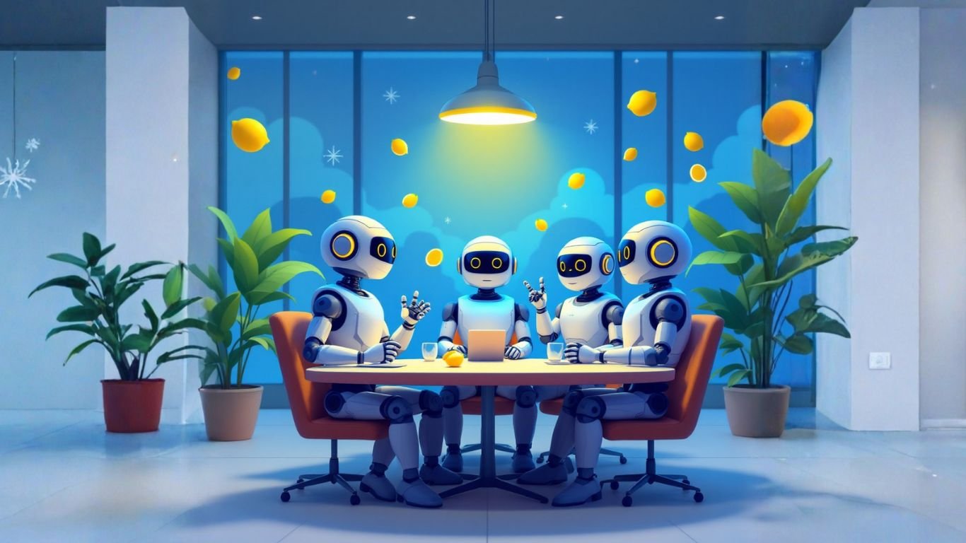 Team of AI robots in a meeting room collaborating on how to productize framework using an interactive AI agent to scale expertise and automate delivery