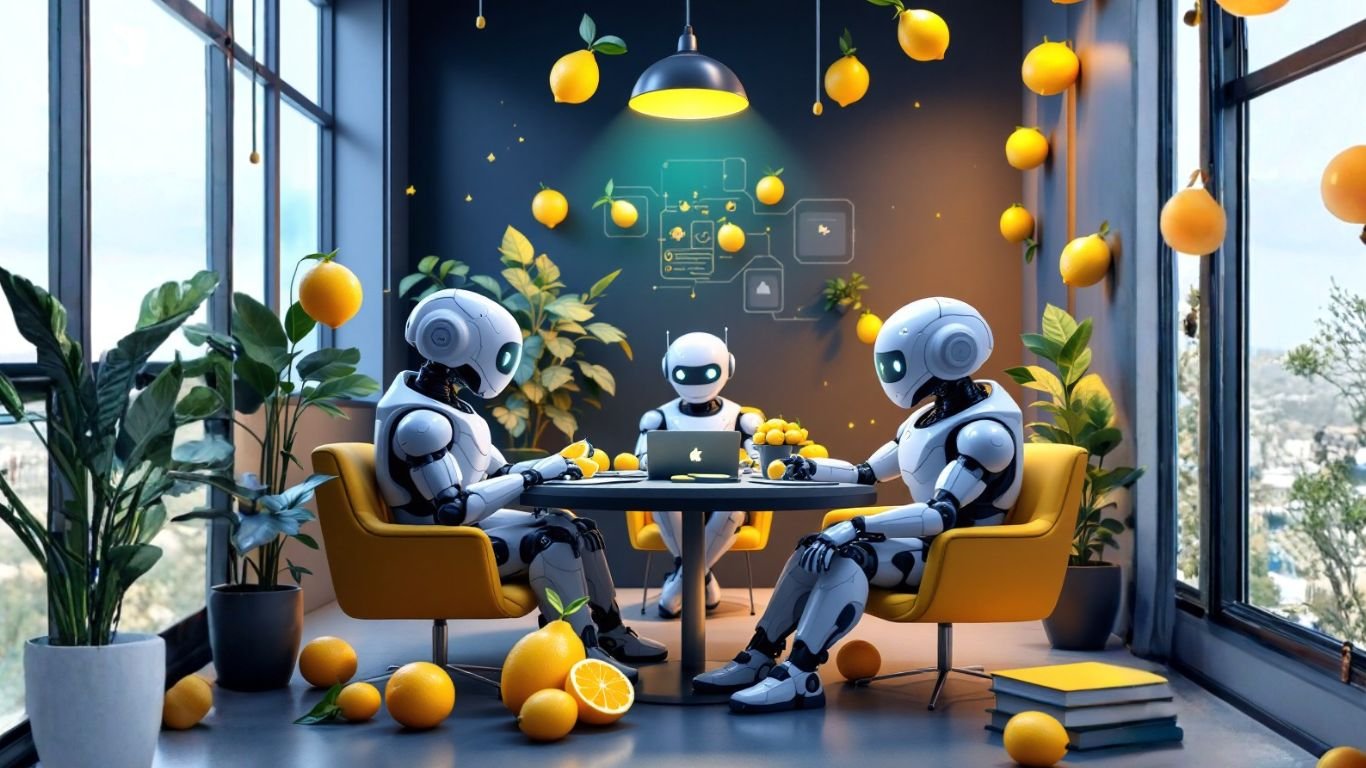 Team of AI robots in a private tech meeting room collaborating on how to use AI to build a content repurposing machine for efficient digital marketing