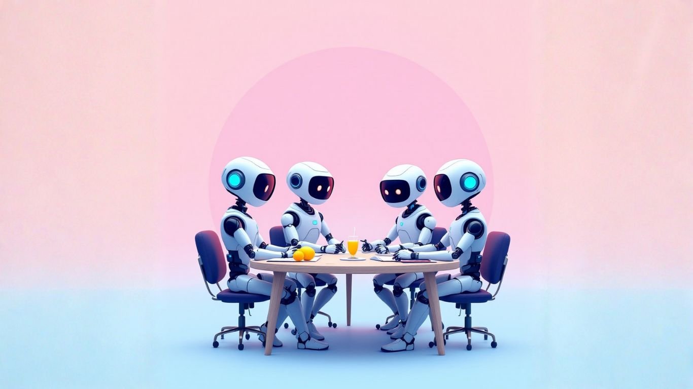 Team of AI robots in a meeting room analysing 2025 data insights to determine how to price your AI assistant effectively for market growth and profitability