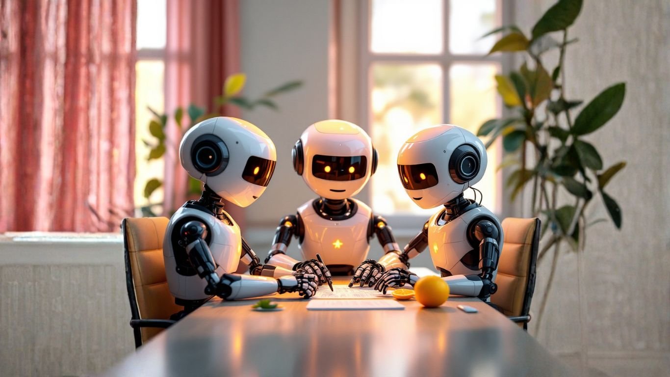Team of AI robots in a meeting room collaborating on strategies to use AI to build a lead magnet that sells itself and attracts clients automatically