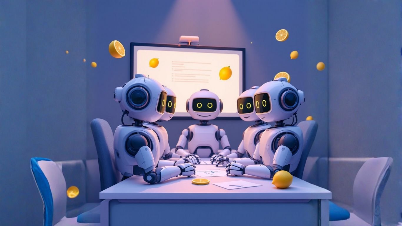 Group of smiling AI robots on a meeting recording their virtual call, illustrating the use of an AI meeting summarizer for productivity and notes